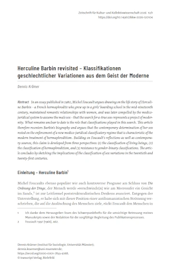 Cover: Zeitschrift für Kultur- und Kollektivwissenschaft, issue featuring “Herculine Barbin revisited”